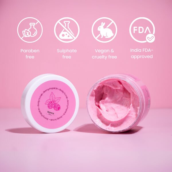 Berry Popsicle fruit body scrub open jar free from harmful chemicals