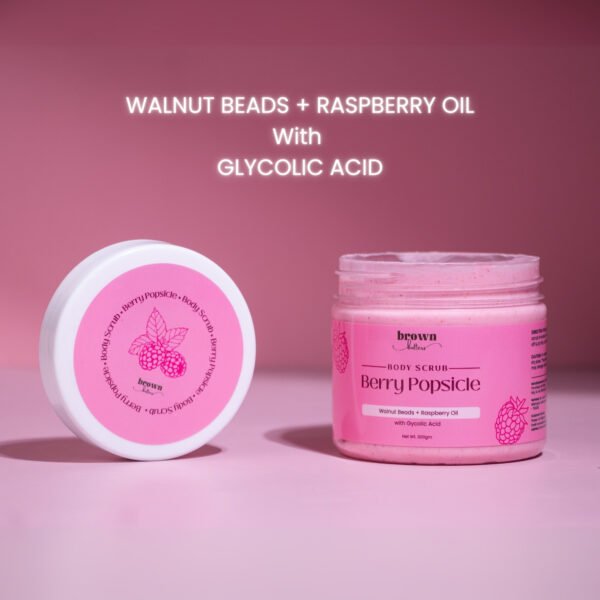 Berry Popsicle fruit body scrub open jar with glycolic acid