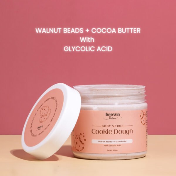 Cookie Dough chocolate body scrub open jar glycolic acid