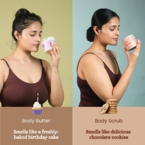 girl smelling vanilla body butter & chocolate body scrub