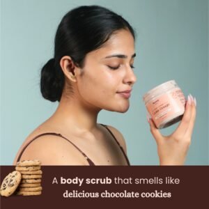 Girl smelling chocolate body scrub