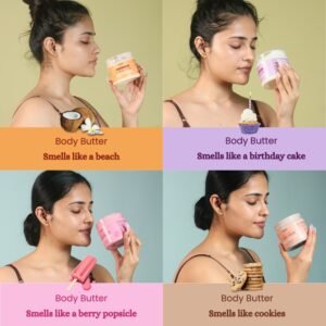 girl smelling body scrubs and body butters