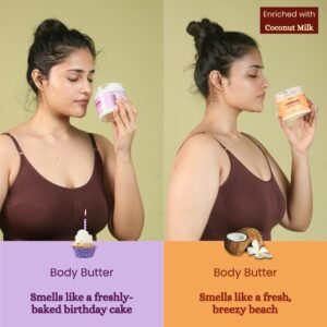 girl smelling vanilla & tropical body butters