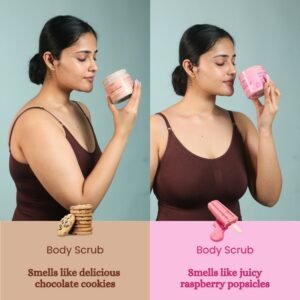 girl smelling chocolate and berry body scrubs