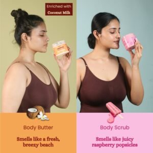 girl smelling tropical body butter & berry body scrub