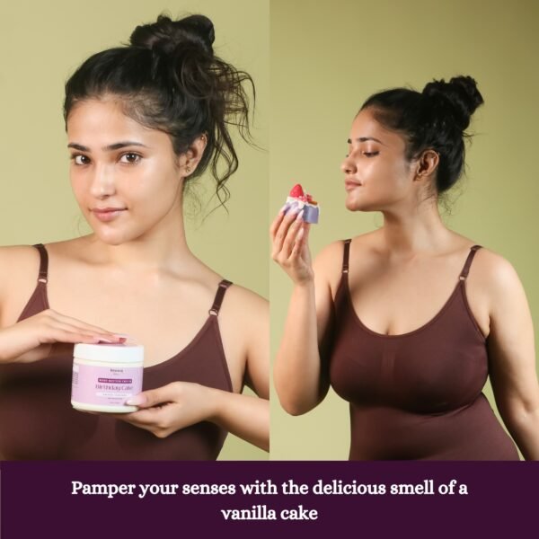 girl holding vanilla body butter and girl smelling cake candle
