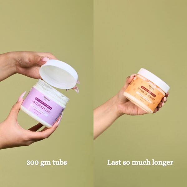 girl holding vanilla & tropical body butters