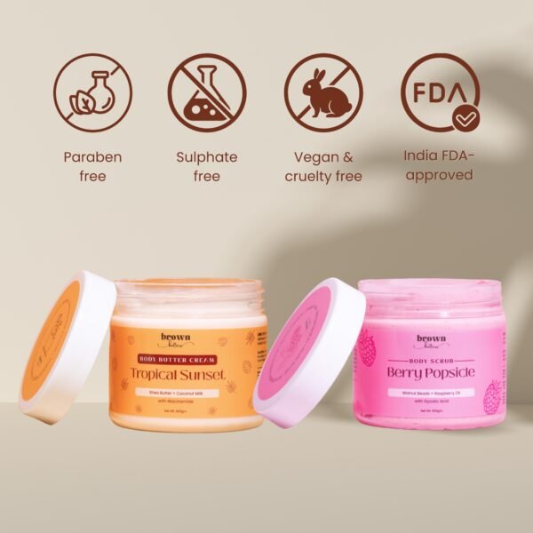 tropical body butter & berry body scrub jar open