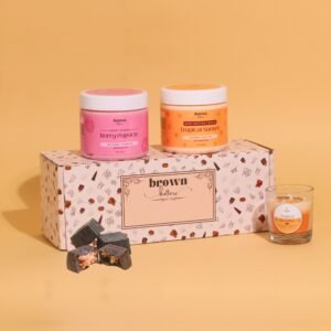 Berry scrub, tropical body butter, tropical jar candle, chocolates