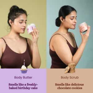 Girl smelling body butter and body scrub