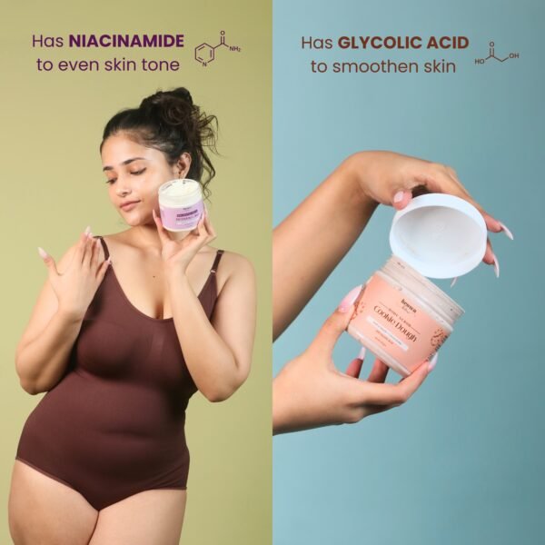 Girl holding body butter and body scrub