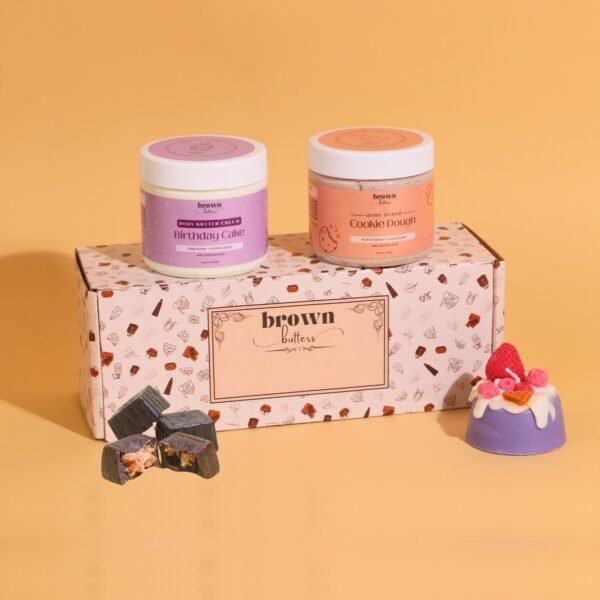 Body butter, body scrub, candle, chocolate gift box